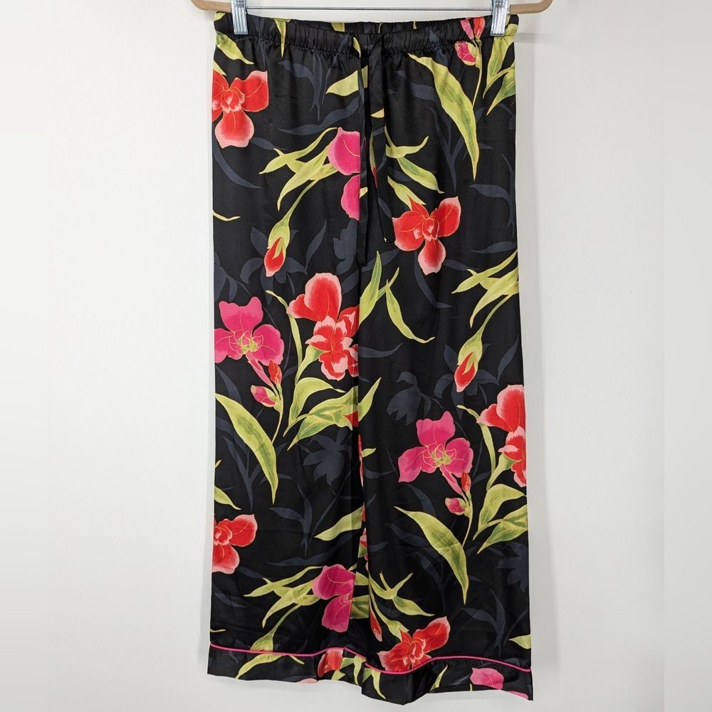 Victoria's Secret Black Pink Red Tropical Floral Satin Pajama Bottom Pants Small